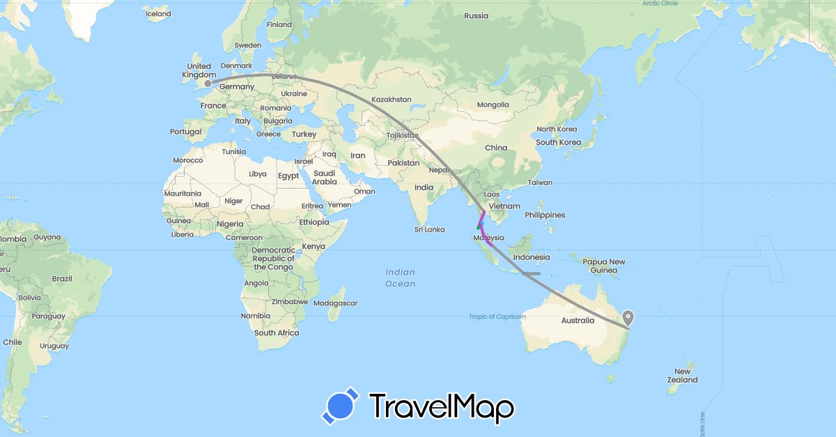 TravelMap itinerary: driving, bus, plane, train, boat in Australia, United Kingdom, Indonesia, Malaysia, Singapore, Thailand (Asia, Europe, Oceania)
